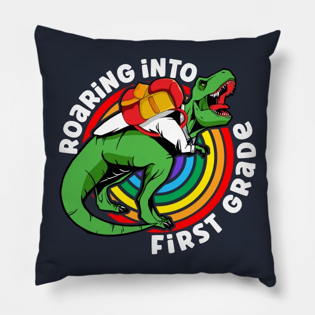 1st Grade Dinosaur Roaring T Rex Back To School First Grader Kids Boys Pillow by Rebrand