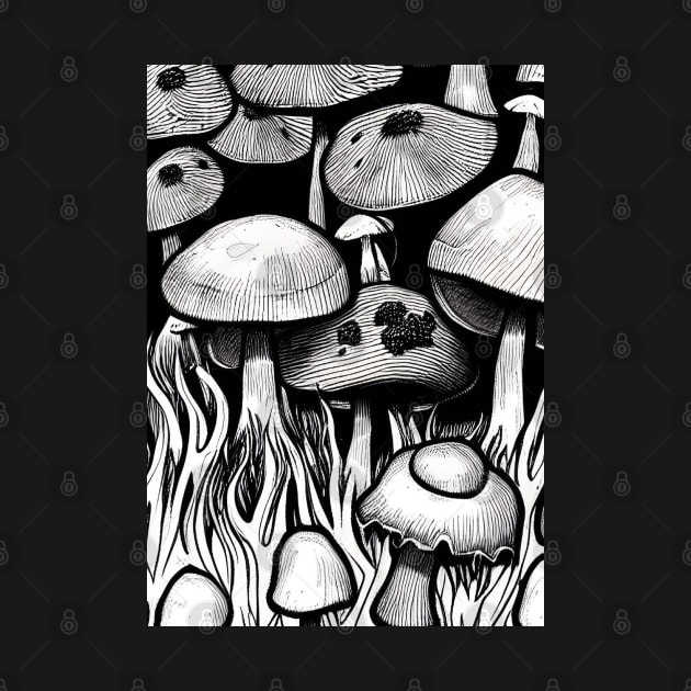 DREAMY INK BLACK AND WHITE BUNCH OF MUSHROOMS by sailorsam1805