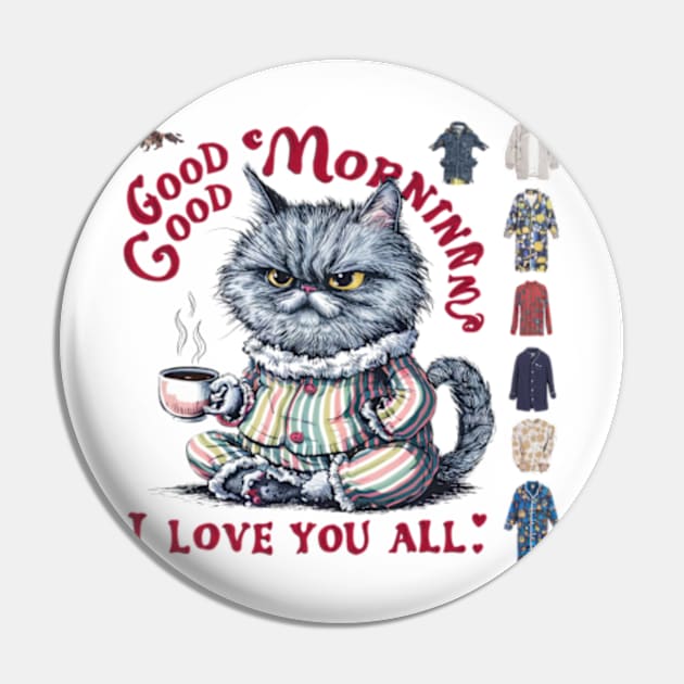 Print design of a cute Persian cat, wearing cozy pajamas and holding a steaming cup of coffee.3 Pin by YolandaRoberts