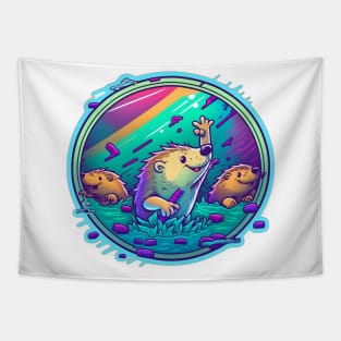 Cheeky Beavers Retrowave Neon Cartoon Tapestry