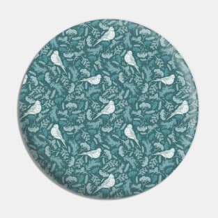 Teal Green and Winter White Floral Pattern with Birds Pin