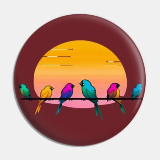 A design featuring a group of colorful birds perched on a wire, with a sunset or sunrise in the background. Pin