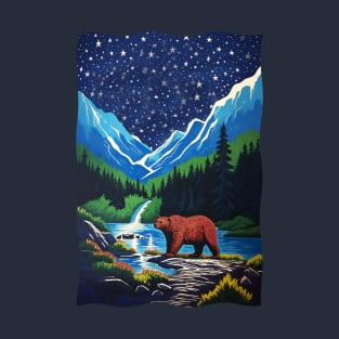 Grizzly Bear Mountains Lake Trees Stars in the Night Sky T-Shirt