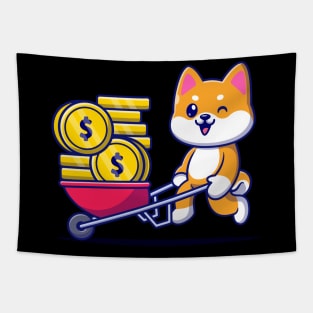 Cute Shiba Inu Dog Pushing Cart Gold Coin Cartoon Tapestry