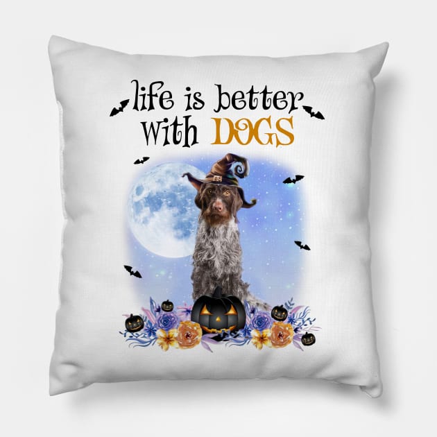 German Wirehaired Pointer Witch Hat Life Is Better With Dogs Pillow by Marcelo Nimtz