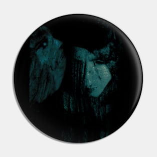 Portrait, collage, special processing. Man, dark costume, long hair, looking down. On left demon of gold. Aquamarine, like drawn. Pin