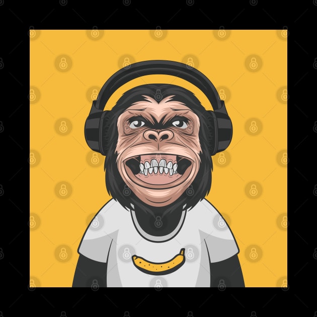 funny smiling chimpanzee ape with headphones and banana by AMK Stores