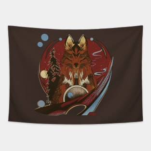 Anime cartoon style wolf with pine trees and starry night Tapestry