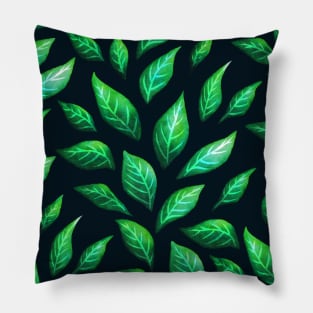 Dark Abstract Painted Green Leaves Pattern Pillow