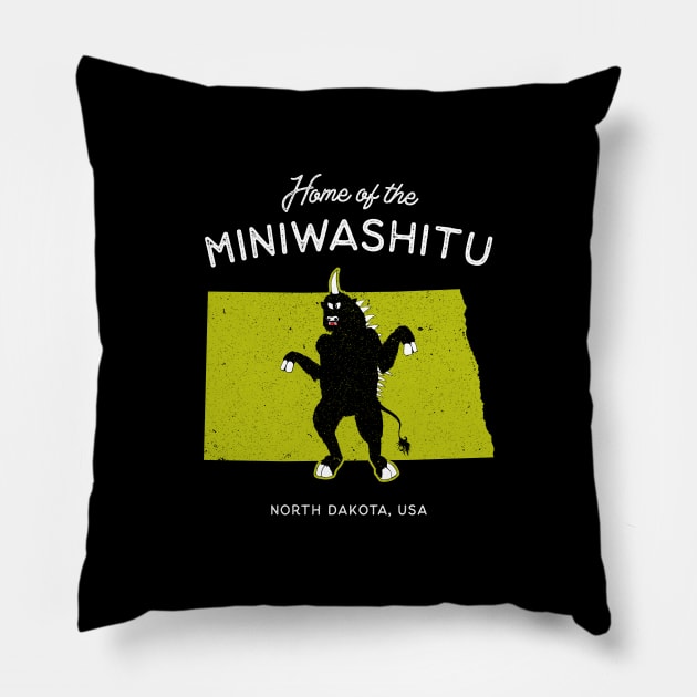 Home of the Miniwashitu - North Dakota, USA River Cryptid Pillow by Strangeology