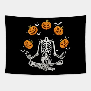 Funny Spooky Meditating Yoga Skeleton Halloween Pumpkins Tapestry