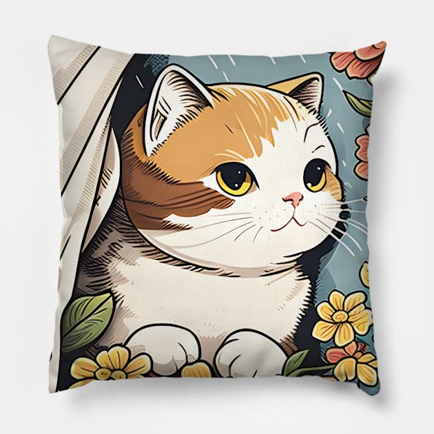 Cute Cat Flower Cat Fat Lover - Floral Cat Pillow by Daphne R. Ellington