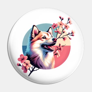 Norwegian Buhund's Joyful Spring Cherry Blossom Moment Pin