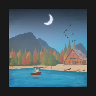 Mountain scene with lake and cabin T-Shirt