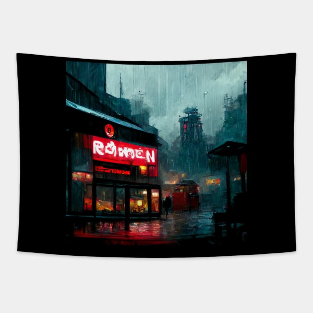 Rainy Ramen Shop - Cyberpunk Cityscape Tapestry by ArkMinted