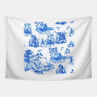 Blue and white chinoiserie landscape with tigers Tapestry