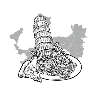Pisa Tower/ and Food the Tower of Pisa with Pizza and Spaghetti Landmarks T-Shirt