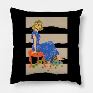 Girl Illustration & daisies Pillow