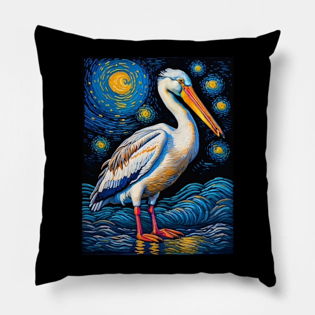 Pelican in starry night Pillow by FUN GOGH