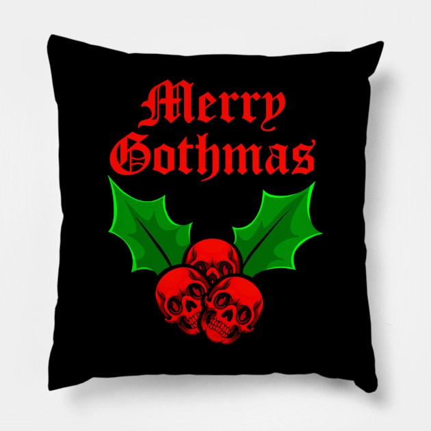 Merry Gothmas. Goth Christmas Skulls & Holly Pillow by HalfCat