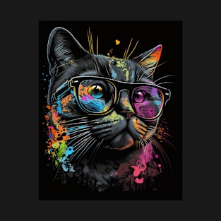 Retro Cat Art Wearing Glasses Splash Abstract Vibe Watercolor Vintage T-Shirt