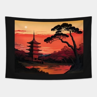 Ukiyo-e Japanese Art - Red Pagoda at Sunset Tapestry