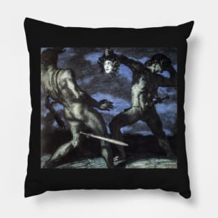 Perseus turns Phineus to stone by brandishing the head of Medusa, by Franz von Stuck, 1908 Pillow