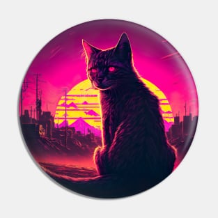 Stray Cat Watching Synthwave Sunset In Apocalyptic City Pin