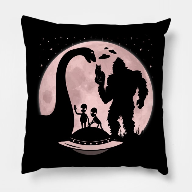 Bigfoot Ufo Cat Loch Ness Monster Funny Aliens Pillow by Tesszero