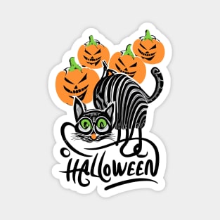 Halloween creepy cute black cat and pumpkins Magnet