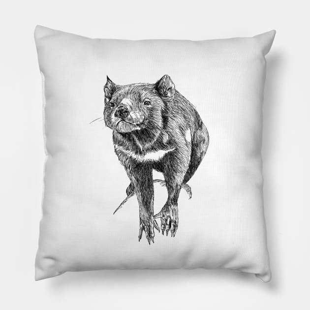 Tasmanian Tassie Devil scientific nature black ink pen drawing illustration Pillow by DamiansART