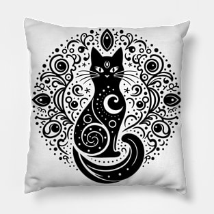 The Mystery Feline Mandala. Black Pillow