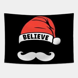 Believe Quote Santa Hat Mustache Xmas Funny Family Christmas Tapestry