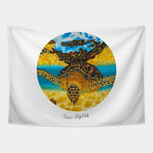 Caribbean unveiled on silk | Sea Turtle Gliding Tapestry