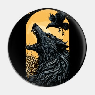 Retro dark wolf and raven Pin