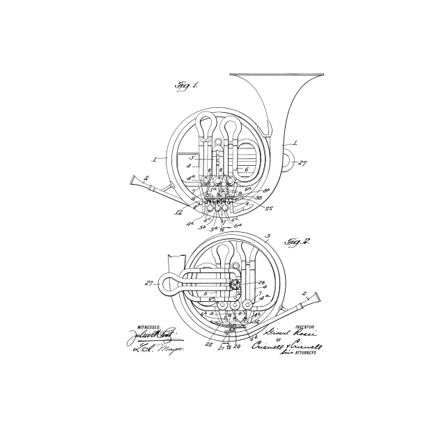 Brass Musical Instrument Vintage Patent Hand Drawing by TheYoungDesigns