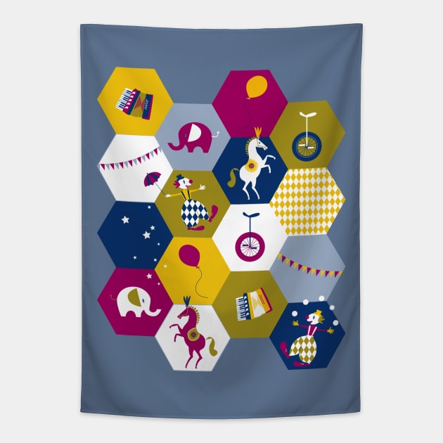 circus hexagons purple olive navy Tapestry by kobyakov