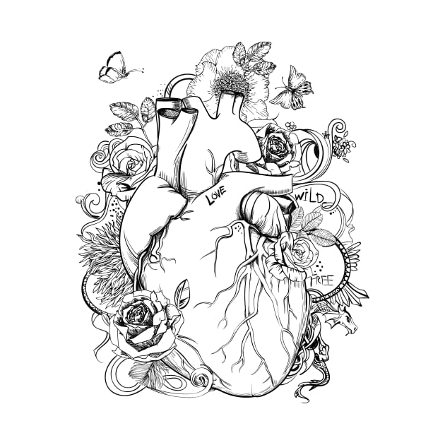 Tattoo style anatomical HEART illustration with a note to Love, stay Wild and be Free | Human Boho Heart with Flowers | Gothic Line Wall Art by EquilibriumArt