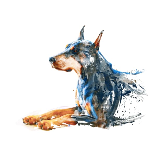 Watercolor Painting - Doberman Sitting Down by Marian Voicu