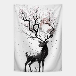 Nara Deer and Cherry Blossom Sumi-e Tapestry