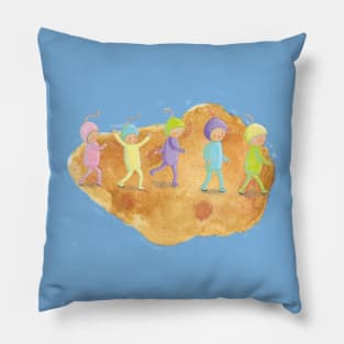 Cute Little Extraterrestrial Visitors Walking Illustration Pillow
