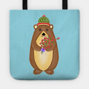 Cute groundhog with flowers bouquet. Tote