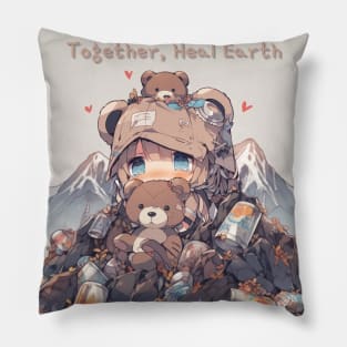 Together, Heal Earth - Sad Chibi Bear and Environmental Message Pillow