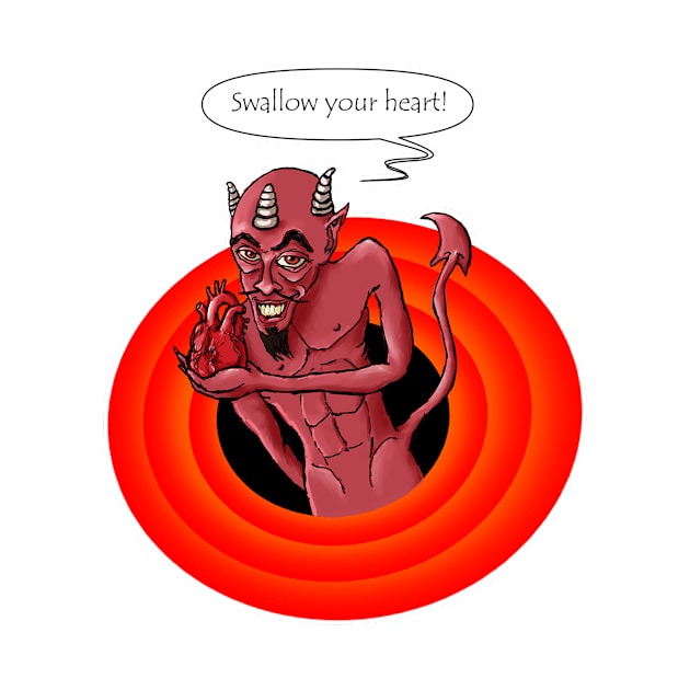 Funny & crazy demon saying "swallow your heart" by Gil Weinstein Studios