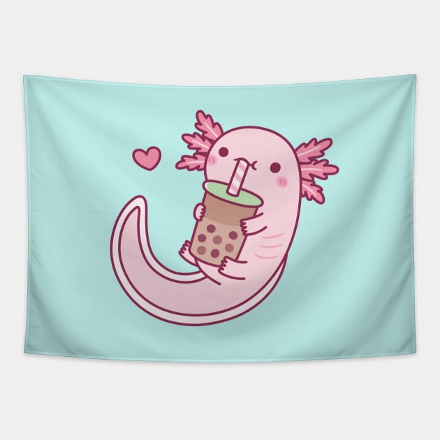 Cute Axolotl Loves Bubble Tea Tapestry by rustydoodle