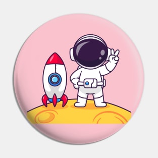 Cute Astronaut Peace On Moon With Rocket Cartoon Pin