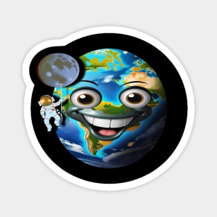 The astronaut hanging on the moon in front of the cute Earth Magnet