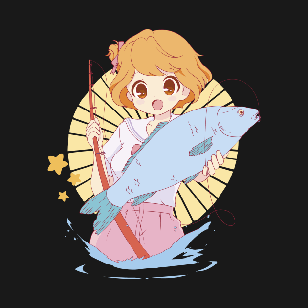 Anime  Girl  Fishing   P R t shirt by LindenDesigns