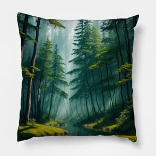 Mysterious Foggy Pine Forest Pillow