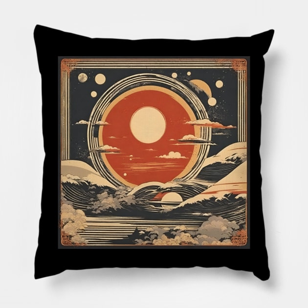 total solar eclipse 2024 japanese beach vintage style Pillow by badrhijri